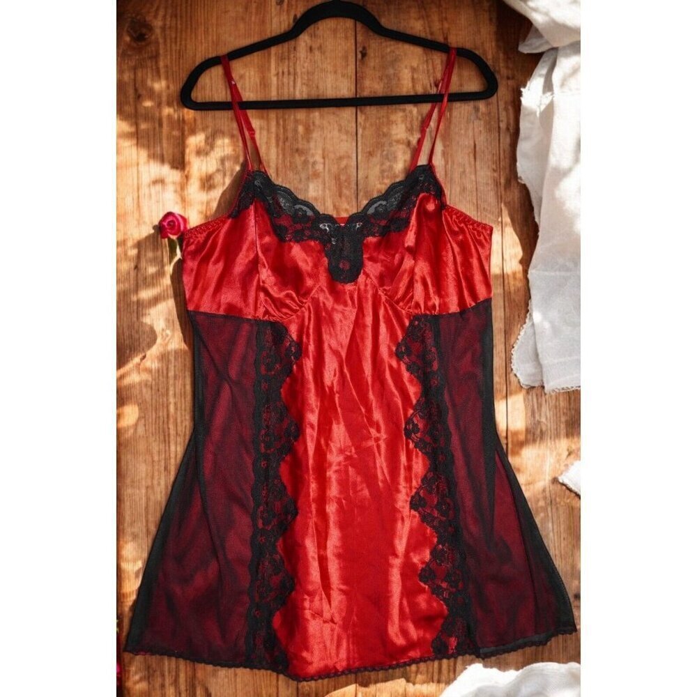 Cacique Red Satin & Black Lace Sheer Chemise Slip Dress Size 18/20 Lingerie Y2K